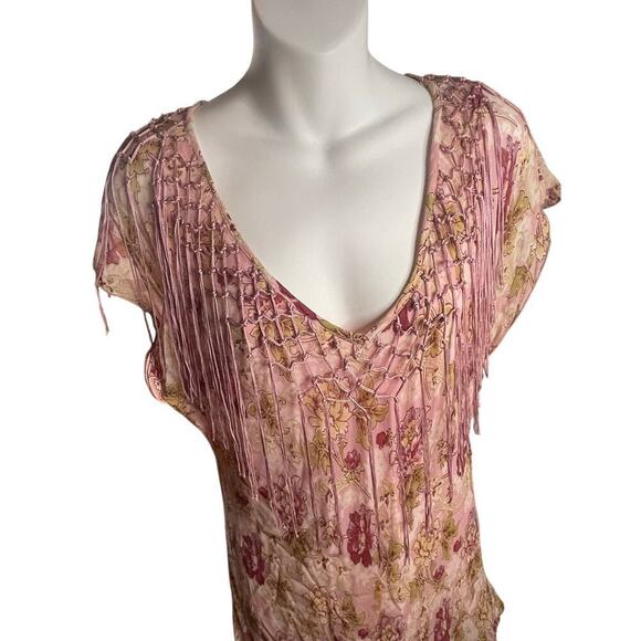 Vintage 90s Y2K Floral Fringe Pink Temptation Large Flapper Style Max Dress Set - Picture 6 of 8